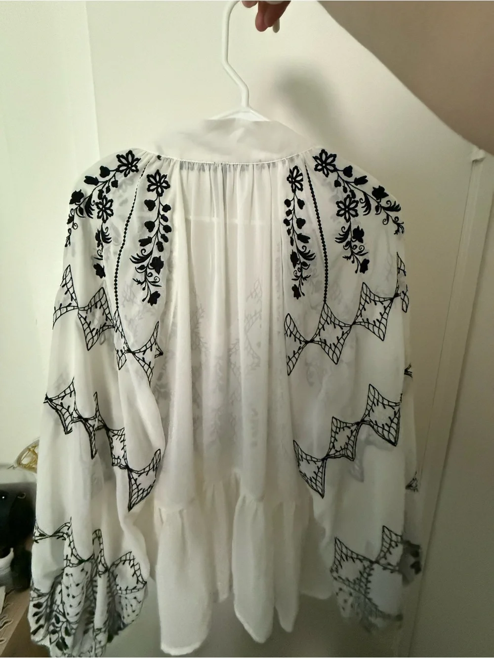 Anthropologie Tie-Neck White Blouse with Black Embroidered Lace & Bow - Picture 3 of 4